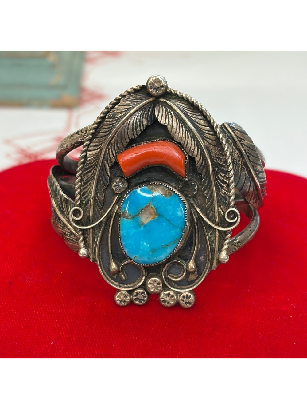 Navajo Cecil Ashley Sterling turquoise coral 60s/70s cuff bracelet vintage